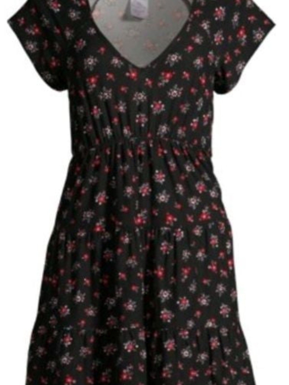 No Boundaries Black Floral V-Neck Tiered Dress - Red & White Flowers